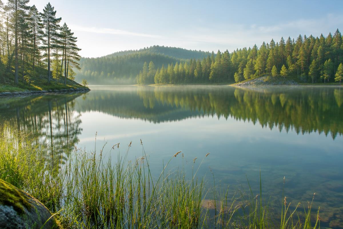 En lugn skogssjö i dagsljus