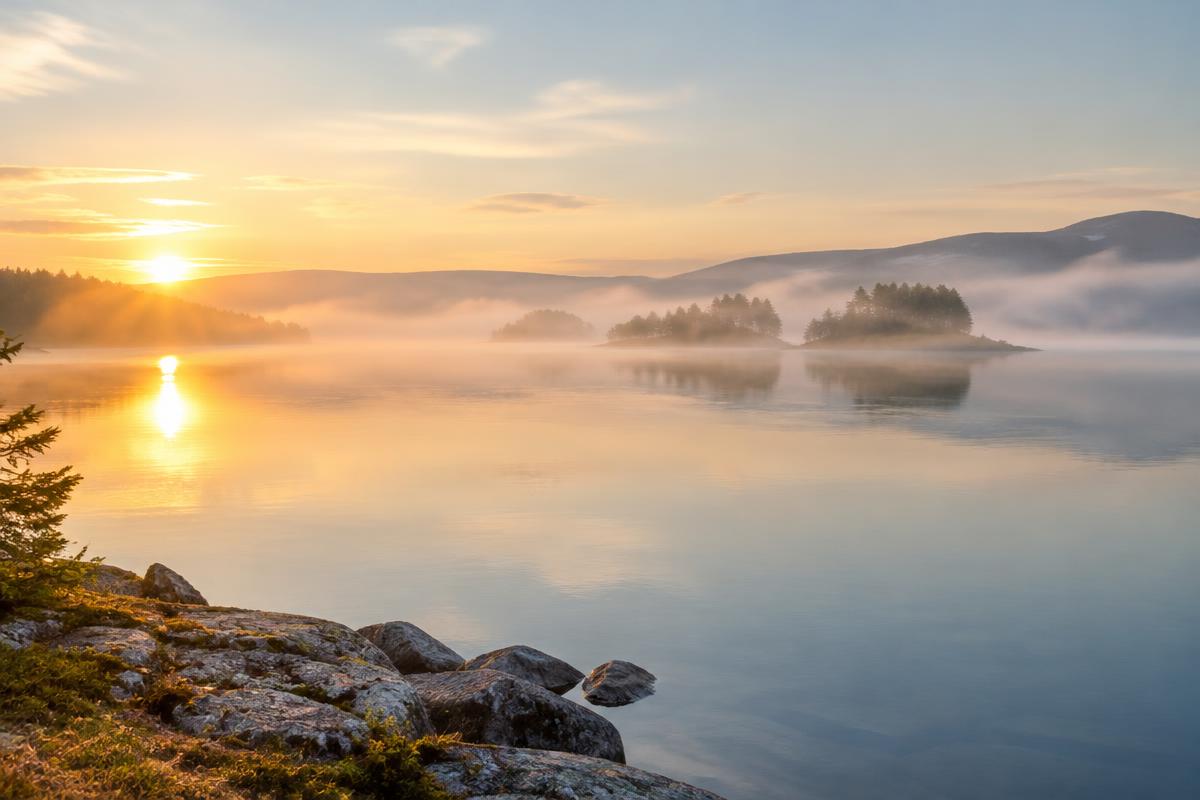 Morgonljus över en stilla sjö